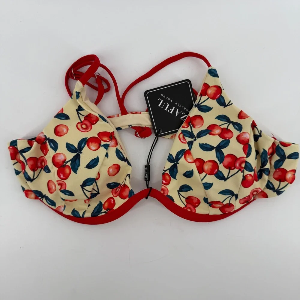 ZAFUL Women Cherry Print Underwire Bikini Set Cream Red Size Medium NEW